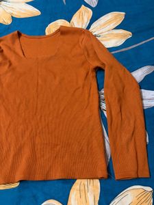 Orange Square Neck Long Sleeve Sweater Top