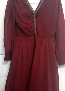 Maroon Pleated V-Neck Dress