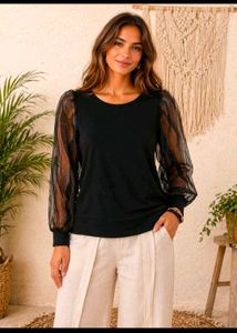 Chic Black Top with Sheer Sleeves
