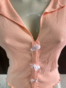Peach Ribbed Button-Up Top