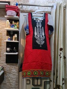 Red Kurta with Black and White Print