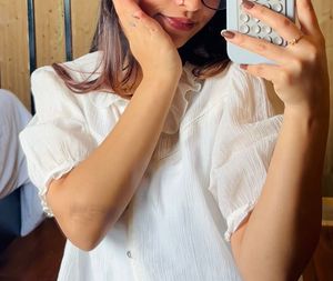 White Textured Ruffle Collar Button-Down Top