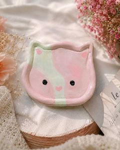 clay cat cute pink trinket tray jewellery holder