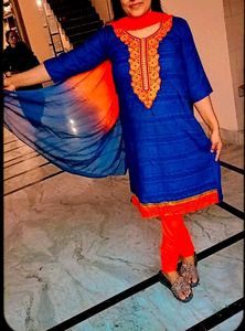Blue Kurti Length 40 . orange Colour Churidaar Pyjama And  Cheffon Duppatta Colour
