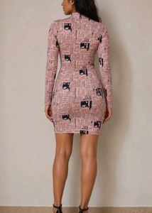 Pink Newspaper Print High-Neck Bodycon Dress