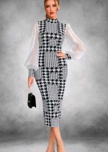 Chic Houndstooth Sheer Sleeve Dress