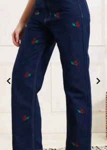 Shein cherry Embroidered Wide-Leg Jeans with tag