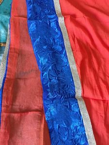 Orange Kurta with Blue Neckline and duppatta