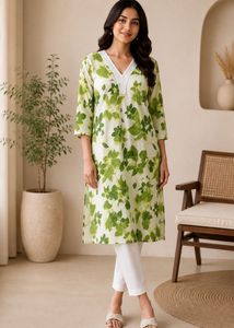 White &amp; Green Floral Print Kurta