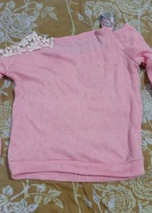 Pink Lace Shoulder Sweatshirt Kniteed Top