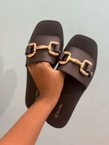 Stylish Women's Brown Slides with Gold Buckle