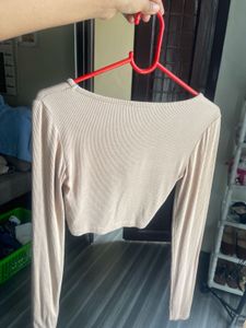 Beige Twist Front Long Sleeve Crop Top