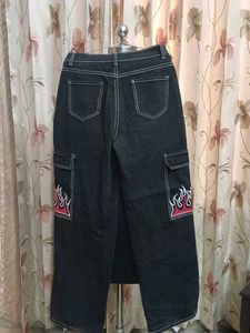 Black Cargo Jeans with Flame Detail