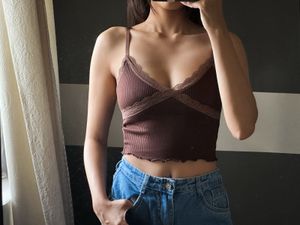 Brown Ribbed Lace Trim Cami Top
