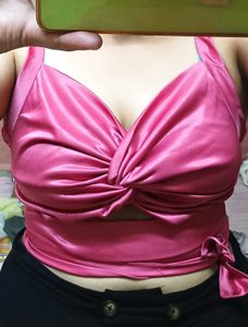 Stylish Pink Satin Twist Front Halter Top