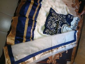 Elegant White &amp; Navy Embroidered Lehenga Choli