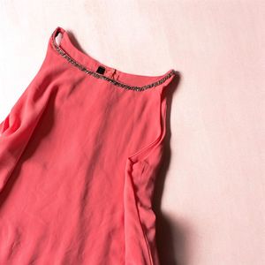 Chic Coral Layered Top with Embellished Neckline
