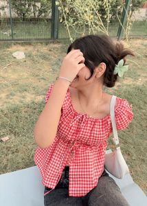 Red Gingham Off-Shoulder Top