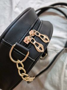 Chic Black Round Bag with White Embroidery