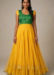 Yellow Net Gown with Green Floral Bodice
