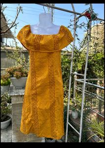 Mustard Off-Shoulder Midi Dress