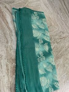 Beautiful Teal Leaf Print Saree