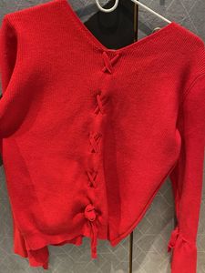 Red Knit Sweater with Tie Details