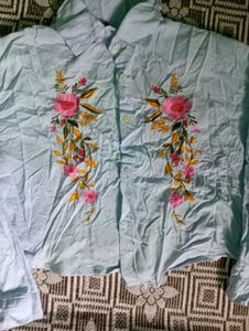 Light Blue Embroidered Cropped Shirt
