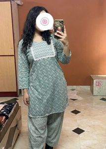 Teal Printed Kurti & Pants Set