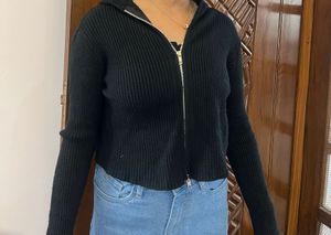 Black Ribbed Zip-Up Hoodie
