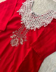 Red Kurta Set with Intricate White Lace Neckline