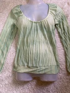 deep neck Green Textured Long Sleeve Top