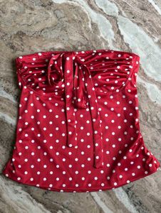 Strapless Ruched Polka Dot Tie Up Top