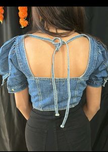 Denim Corset Top with Puff Sleeves
