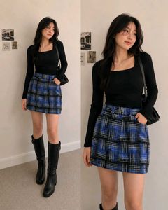 Blue & Grey Plaid Mini Skirt