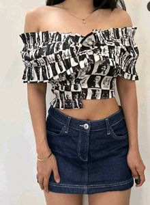 Off-Shoulder Collage Print Crop Top