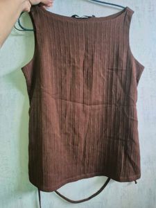 Brown Ribbed Top with Tie Detail