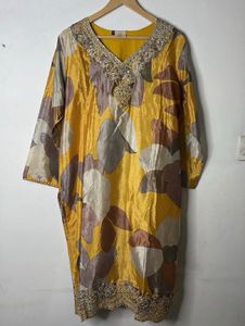 Mustard Yellow Printed 3-Piece Suit with Neckline