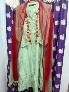 Beautiful Mint Green Kurta Set with Red Dupatta