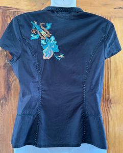 Embroidered Black Y2K Short Sleeve Blouse