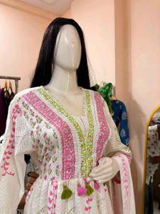 White Kurta Set with Pink &amp; Green Print