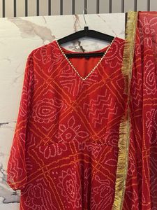 Pure Bandhani Print Gown with Golden Dupatta