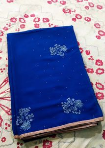 Royal Blue Embroidered Synthetic Saree