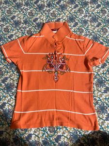 Orange Striped Embroidered Polo Shirt
