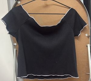 Black Ribbed Off-Shoulder Crop Top