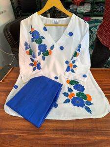 White and Blue Mulmul Co-ord Set