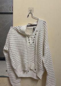 White Lace-Up Knit Sweater