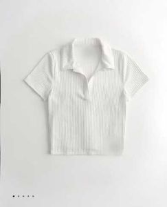 White Ribbed Polo Collar Crop Top