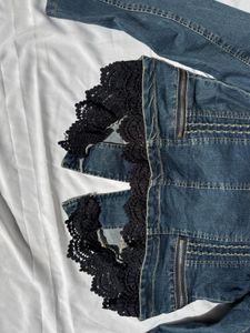 Studded Denim Jacket with Lace Trim
