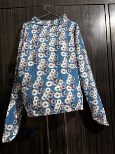Blue Floral Print Mock Neck Top